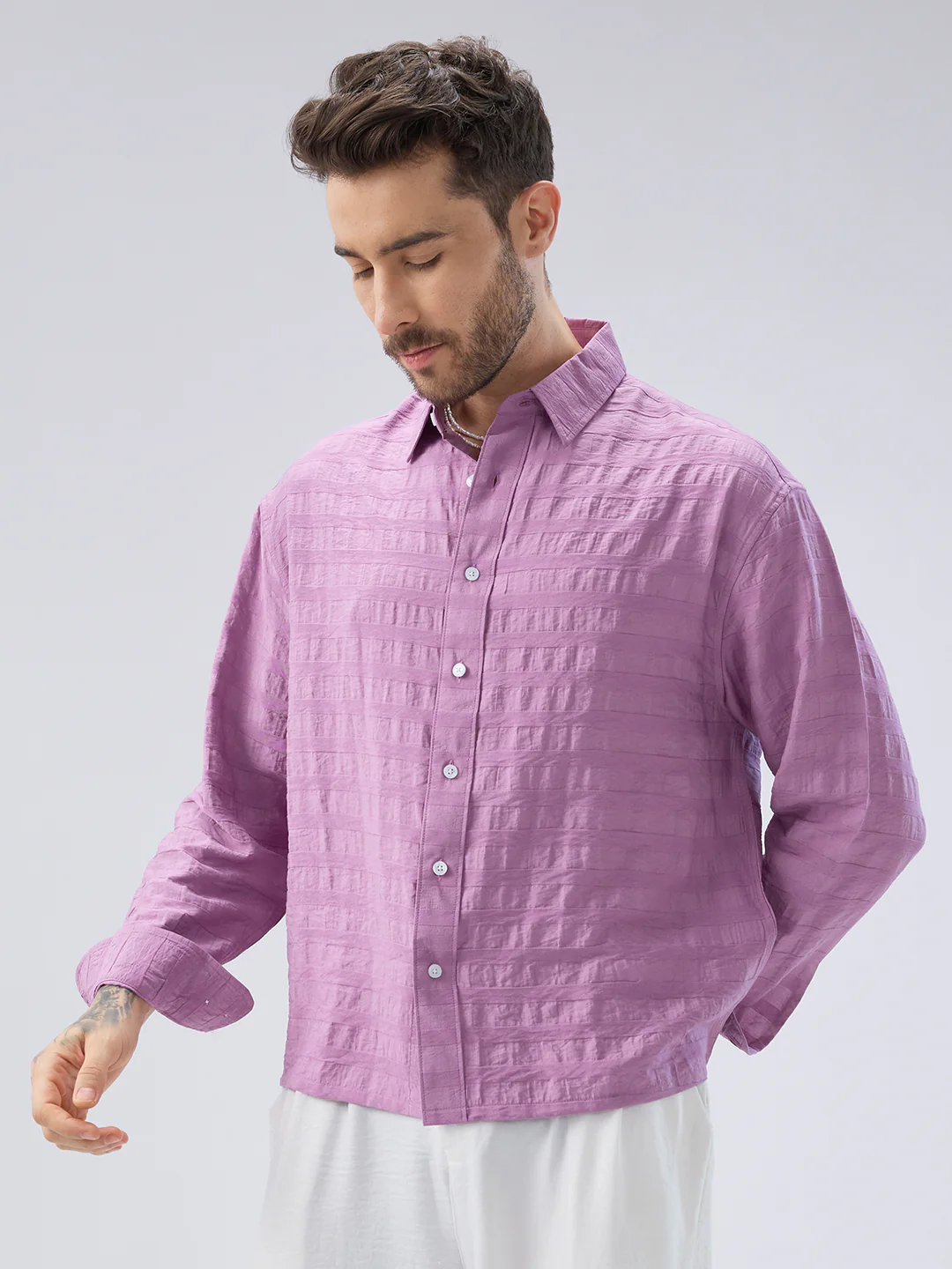 Royal Hopbush Purple Horizontal Textured Crinkled Shirt - Image 7