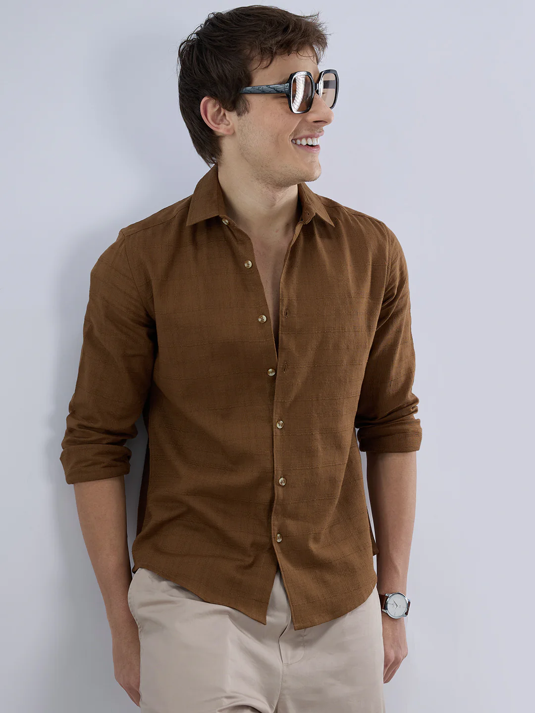Russet Brown Micro Grid Weave Textured Shirt - Image 2