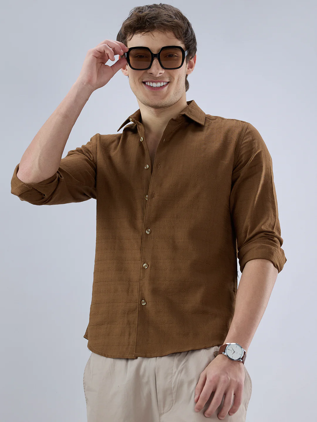 Russet Brown Micro Grid Weave Textured Shirt - Image 4