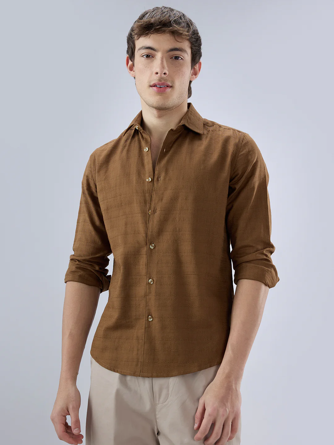 Russet Brown Micro Grid Weave Textured Shirt - Image 5