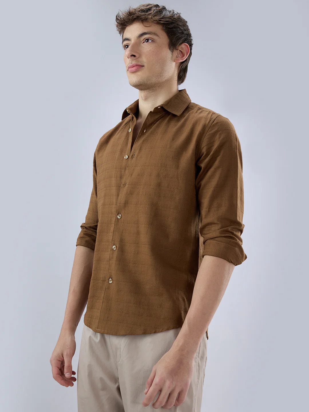 Russet Brown Micro Grid Weave Textured Shirt - Image 6