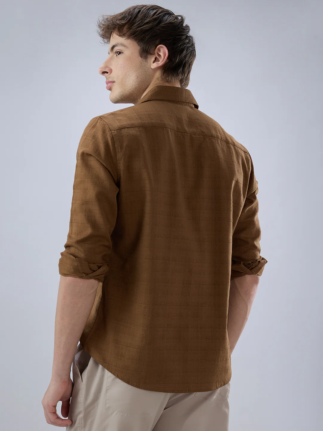 Russet Brown Micro Grid Weave Textured Shirt - Image 7
