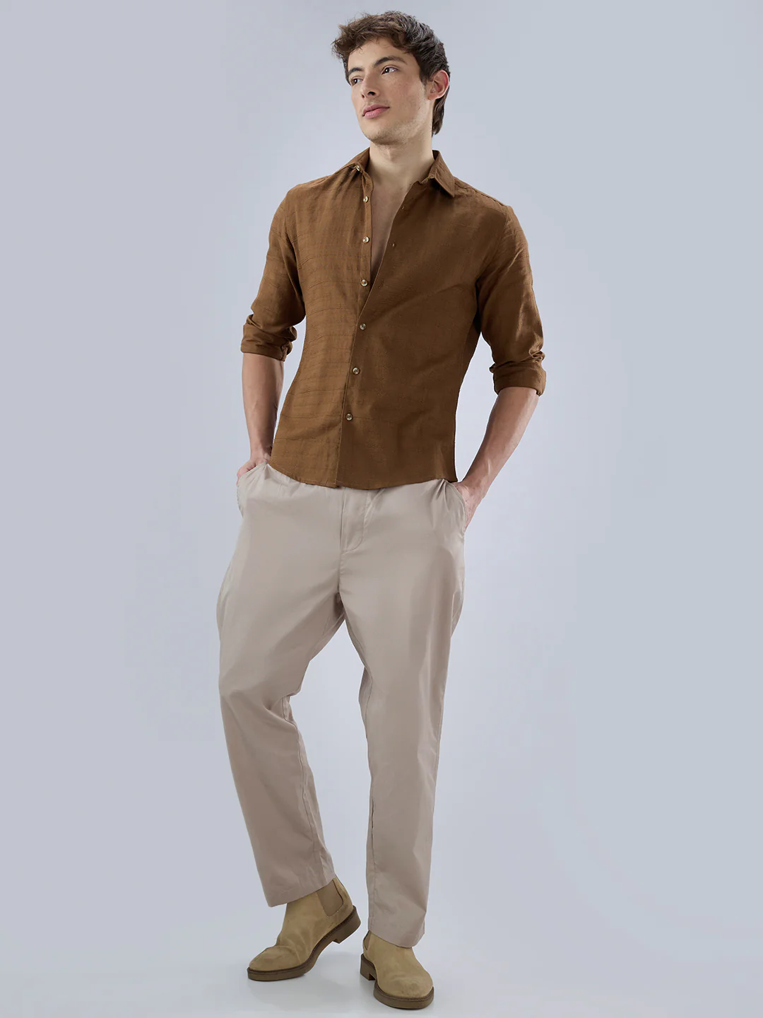 Russet Brown Micro Grid Weave Textured Shirt - Image 8
