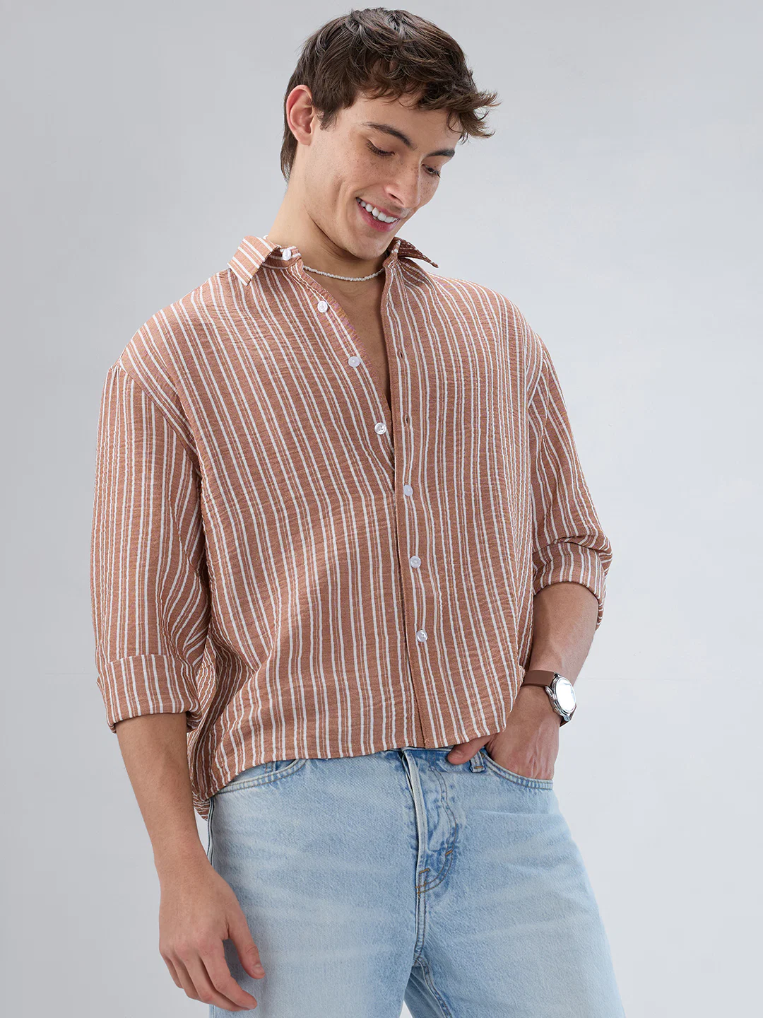 Russet Brown Striped Crinkled Boxy-Fit Crop Shirt - Image 2