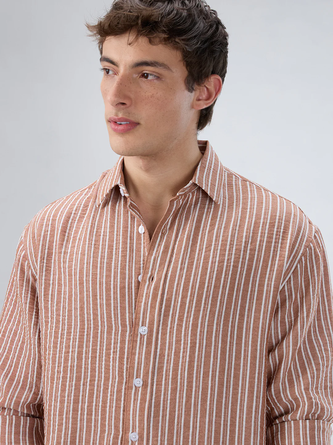Russet Brown Striped Crinkled Boxy-Fit Crop Shirt - Image 3
