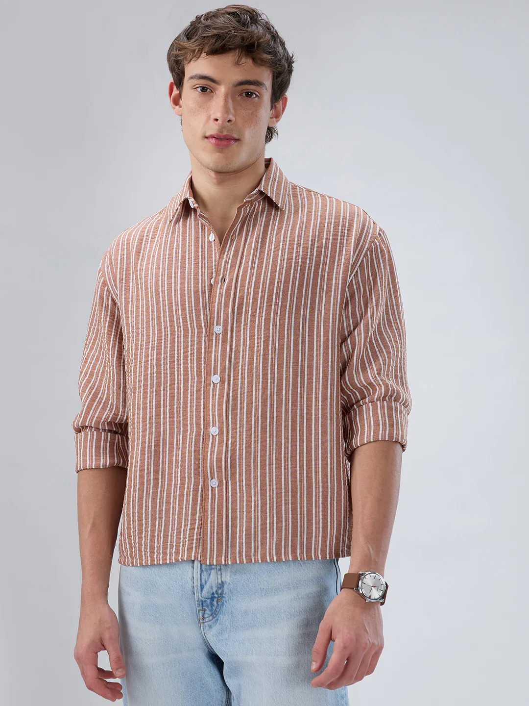 Russet Brown Striped Crinkled Boxy-Fit Crop Shirt - Image 4