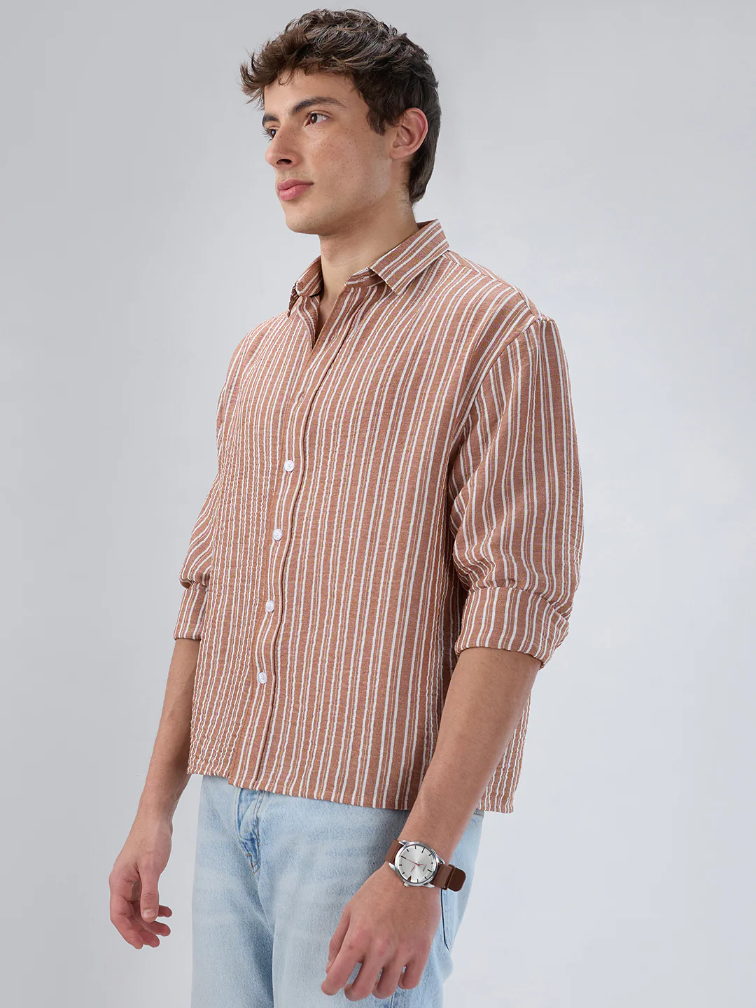 Russet Brown Striped Crinkled Boxy-Fit Crop Shirt - Image 5
