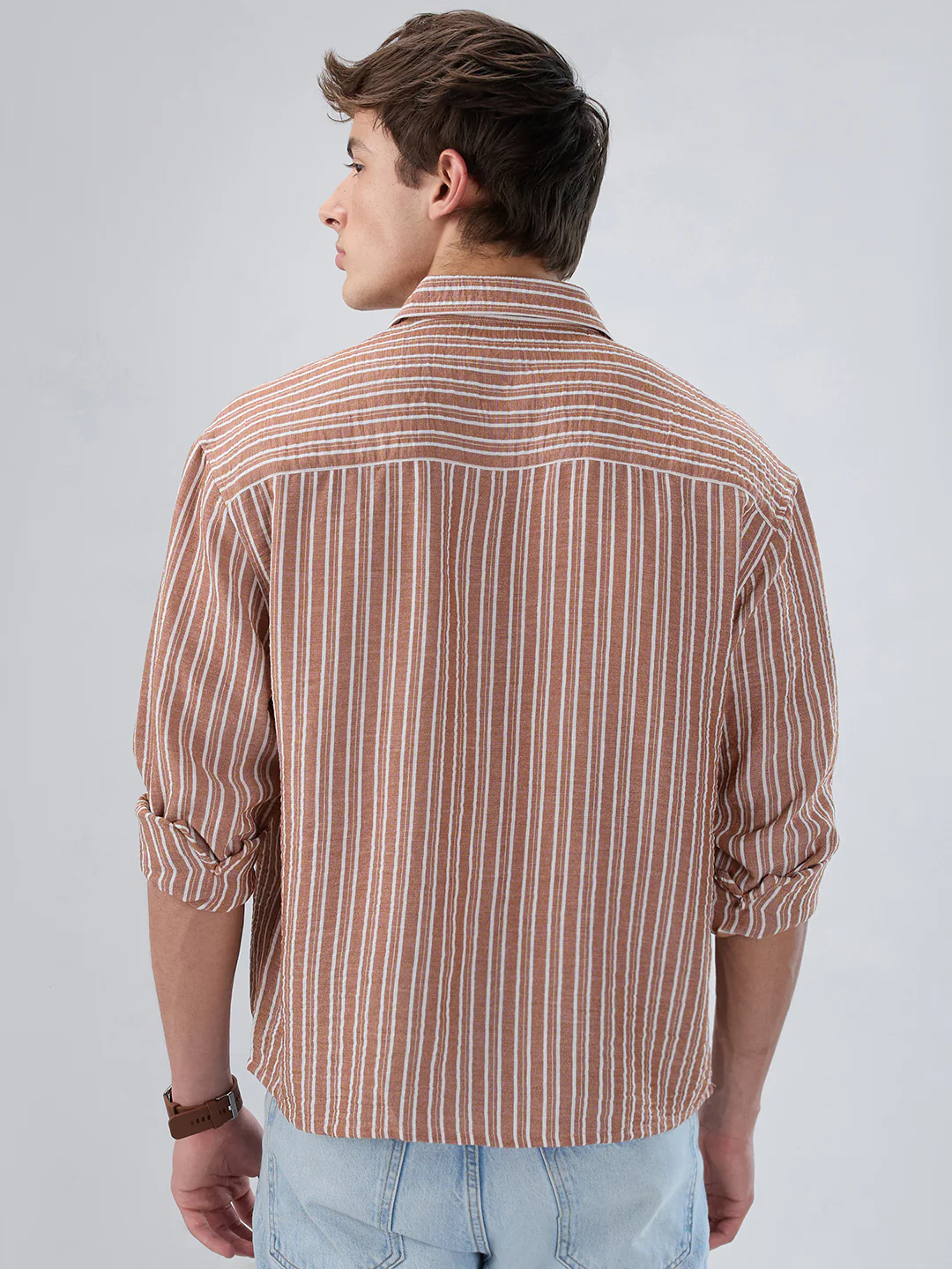 Russet Brown Striped Crinkled Boxy-Fit Crop Shirt - Image 6