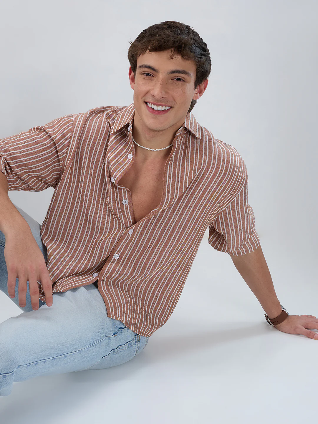 Russet Brown Striped Crinkled Boxy-Fit Crop Shirt - Image 7
