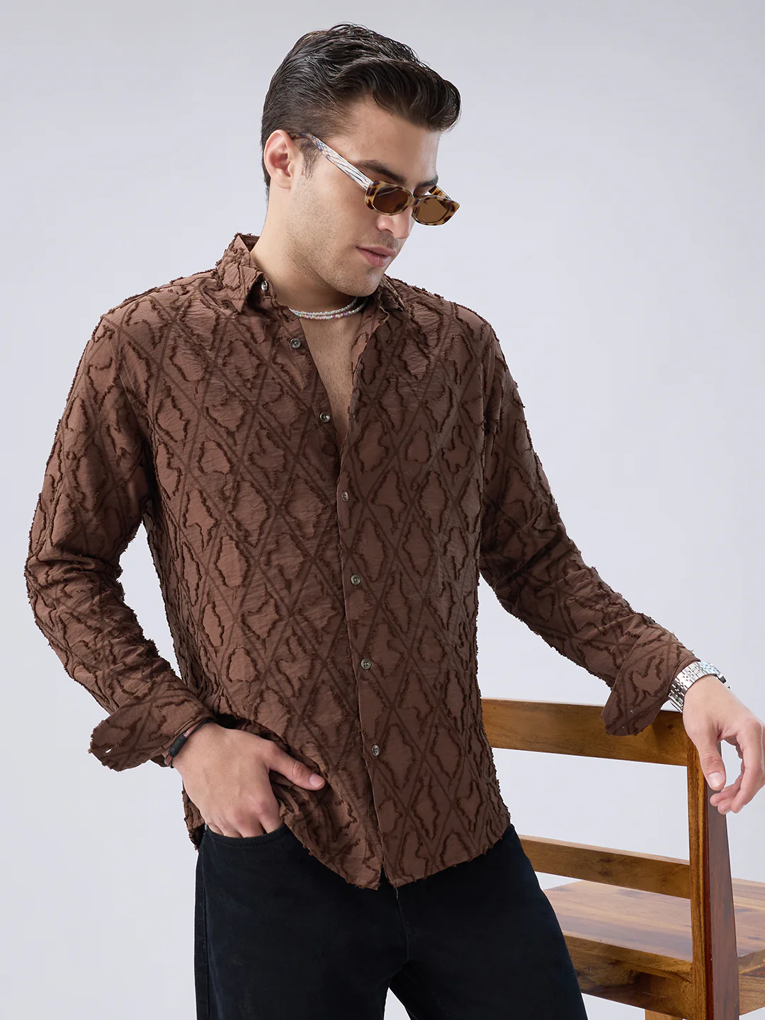 Rust Brown Geometric Detail Frayed Shirt - Image 2