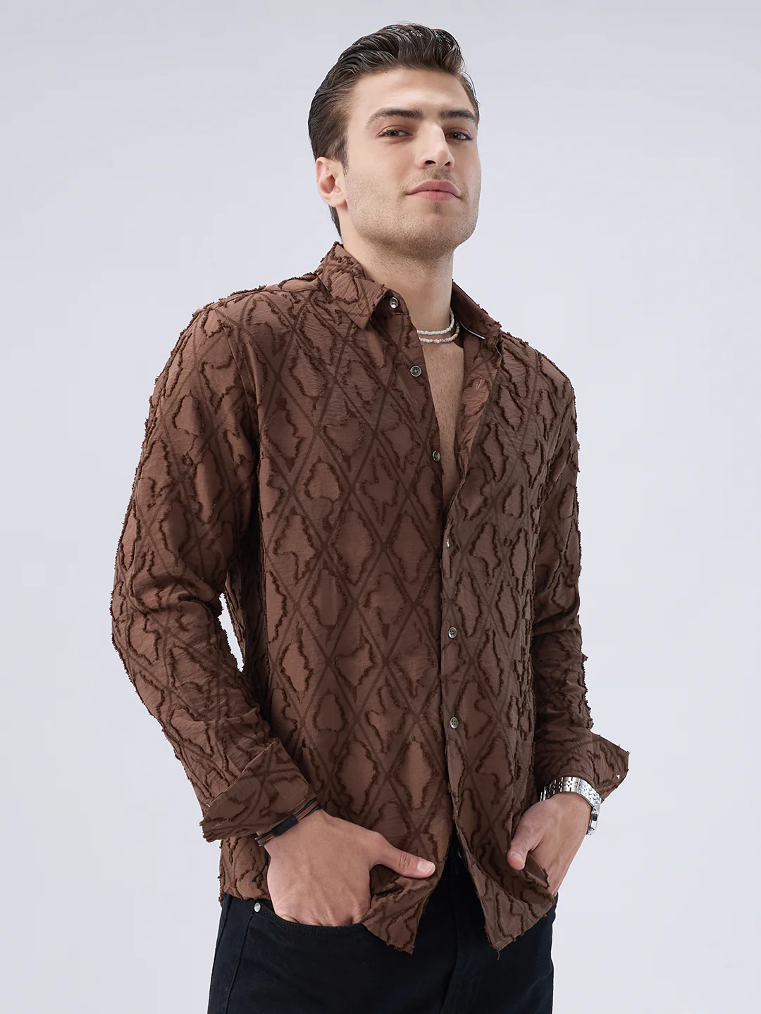 Rust Brown Geometric Detail Frayed Shirt - Image 4