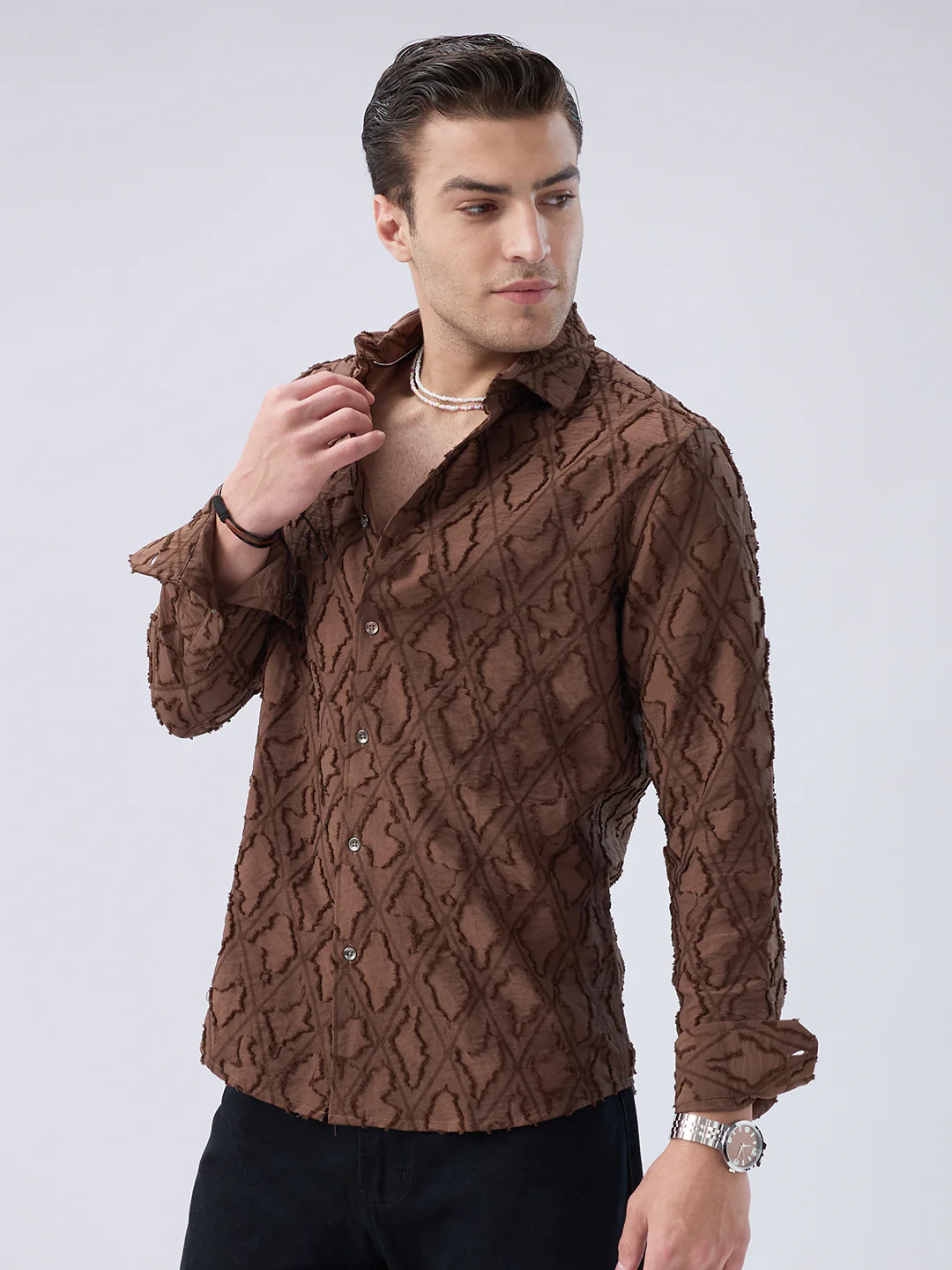 Rust Brown Geometric Detail Frayed Shirt - Image 5