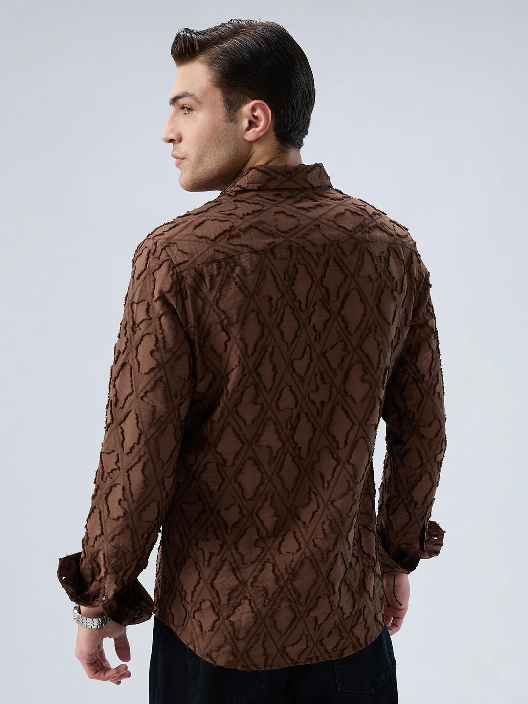 Rust Brown Geometric Detail Frayed Shirt - Image 6