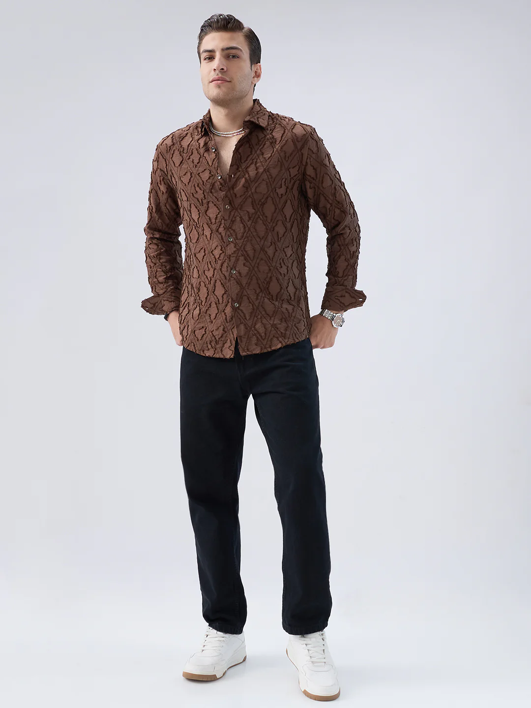 Rust Brown Geometric Detail Frayed Shirt - Image 7