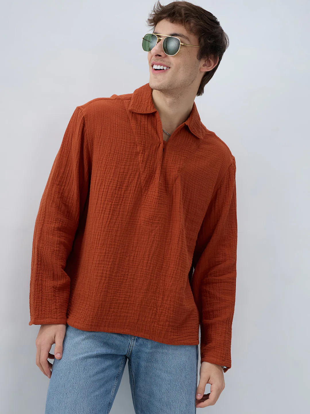Rust Double Cloth Cuffless Oversized Shirt