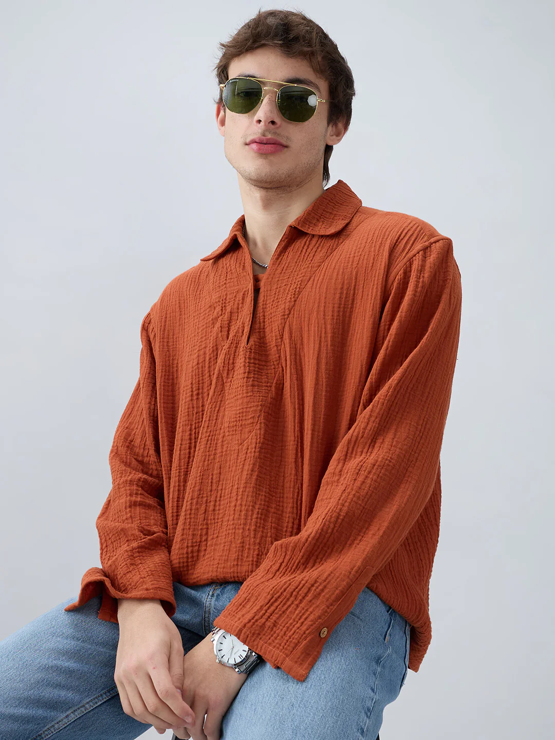 Rust Double Cloth Cuffless Oversized Shirt - Image 2