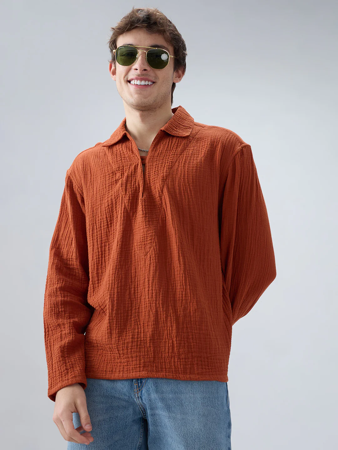 Rust Double Cloth Cuffless Oversized Shirt - Image 4