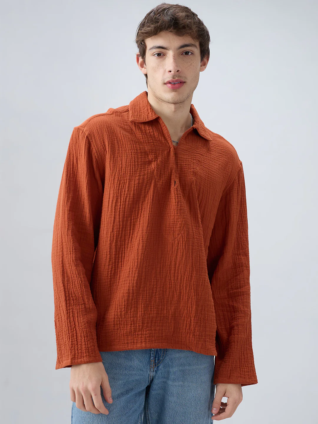 Rust Double Cloth Cuffless Oversized Shirt - Image 5