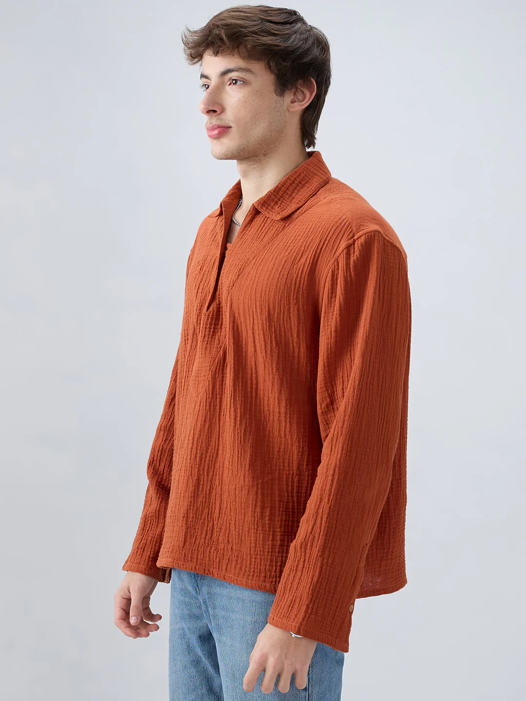 Rust Double Cloth Cuffless Oversized Shirt - Image 6