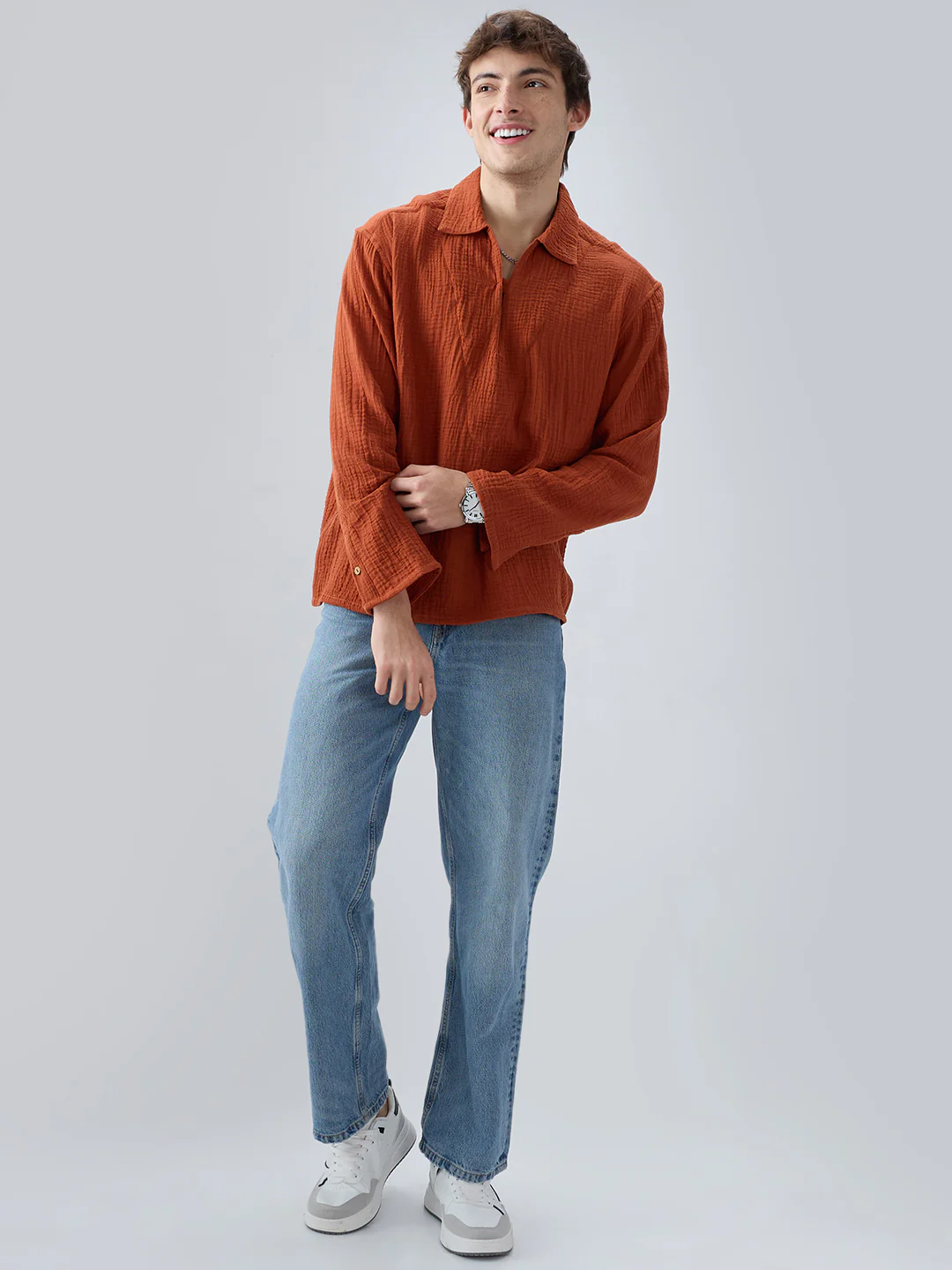 Rust Double Cloth Cuffless Oversized Shirt - Image 8
