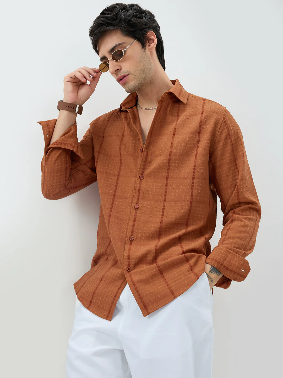 Rust Micro Checks Textured Shirt - Image 2