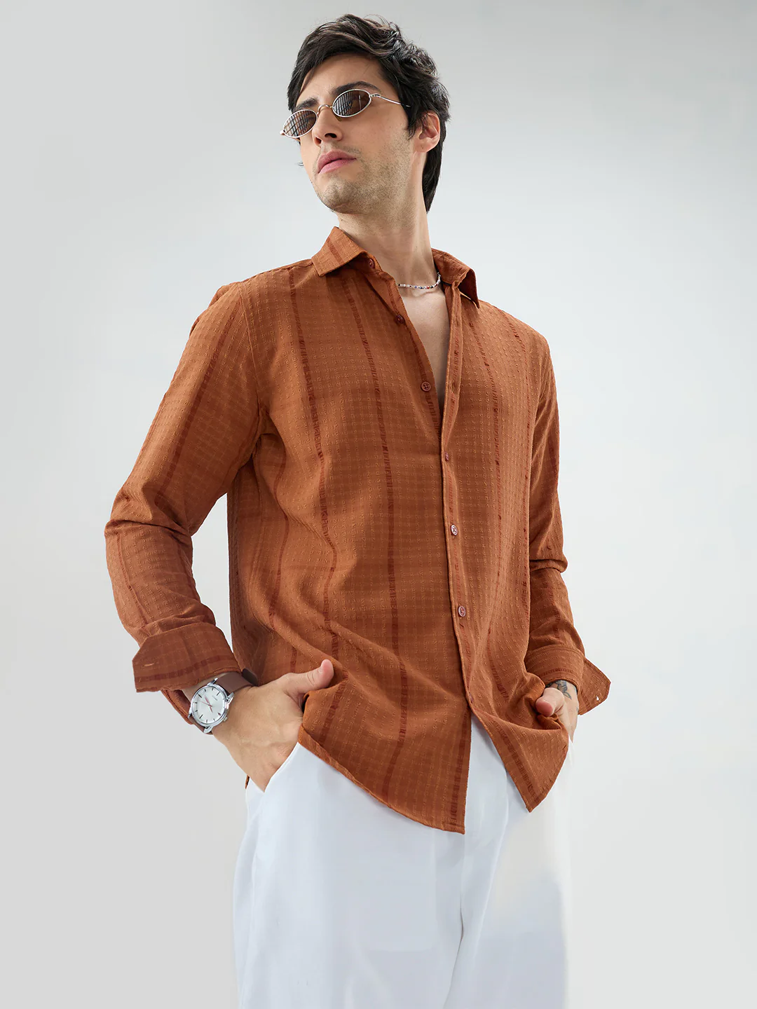 Rust Micro Checks Textured Shirt - Image 4