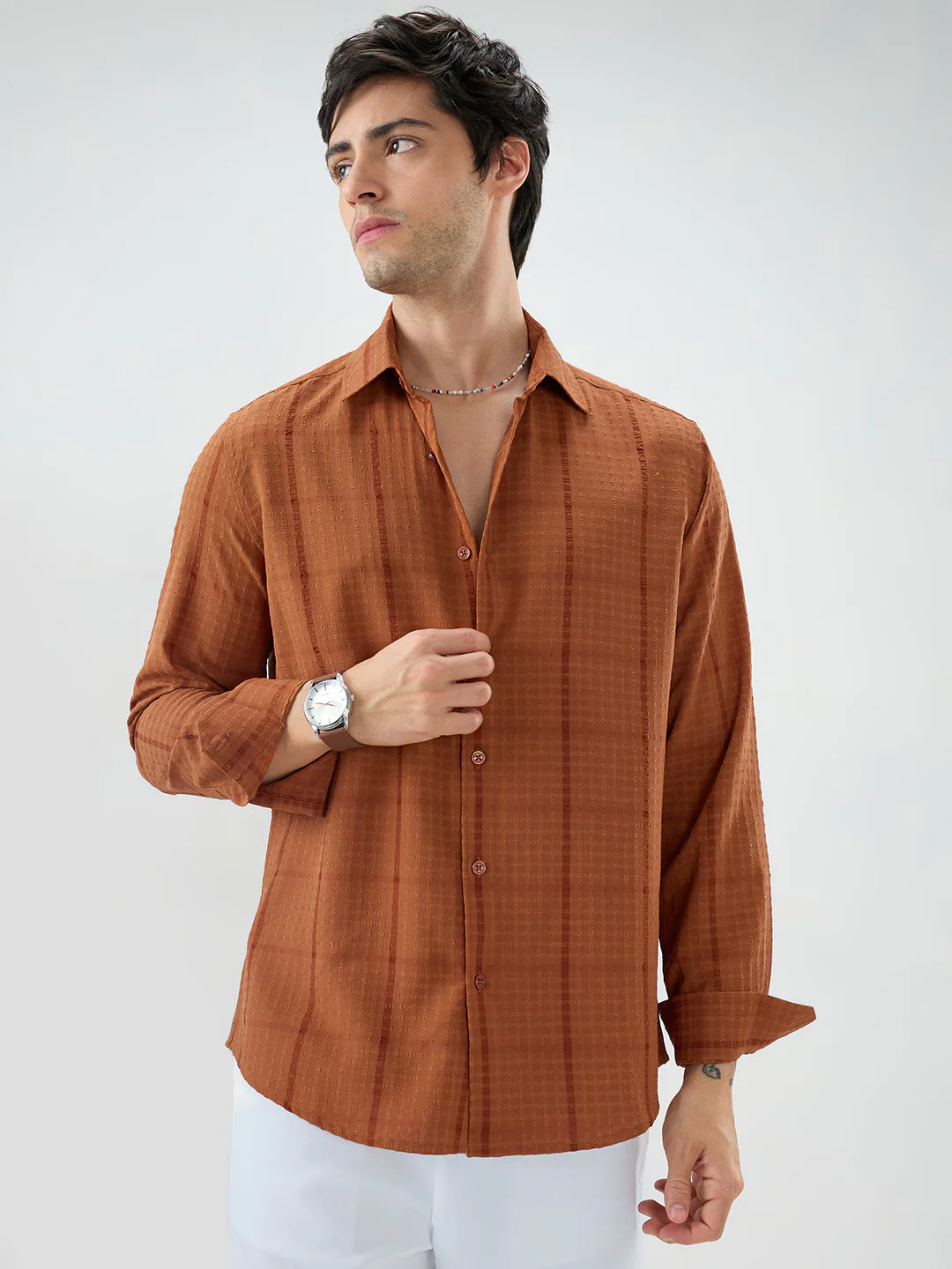 Rust Micro Checks Textured Shirt - Image 5