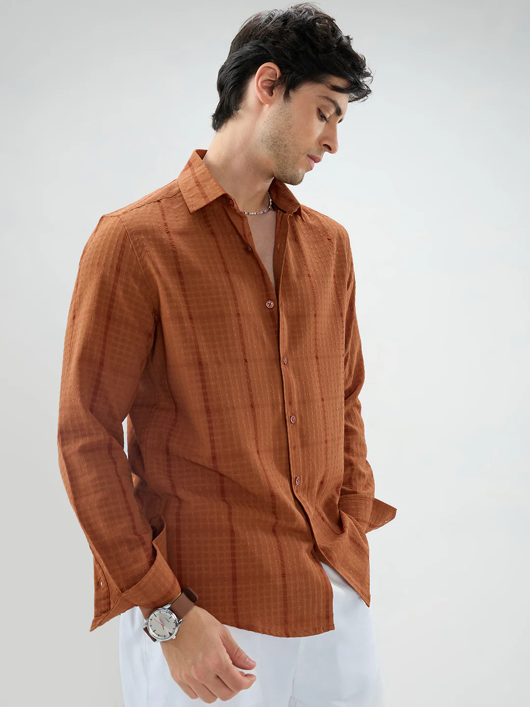 Rust Micro Checks Textured Shirt - Image 6