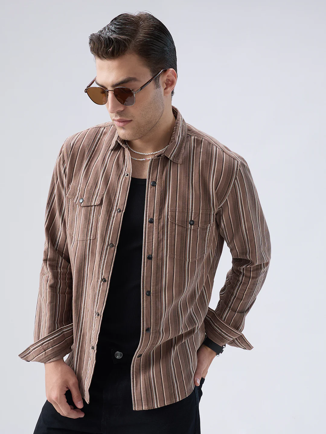 Rustic Bark Brown Multi-Stripe Twin Pocket Corduroy Shirt - Image 2