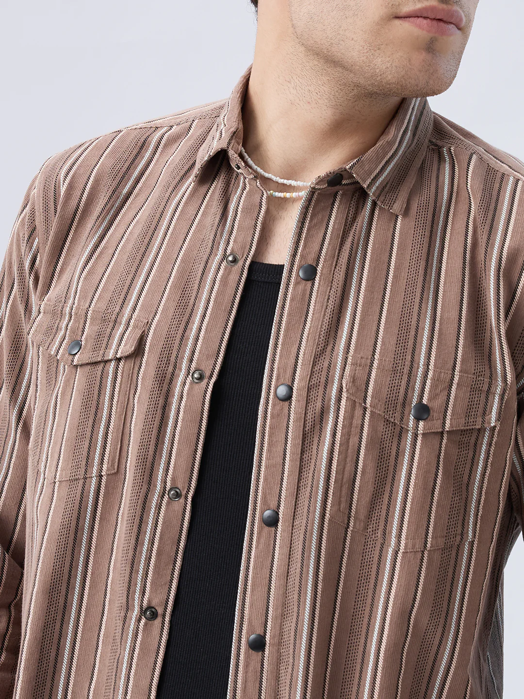 Rustic Bark Brown Multi-Stripe Twin Pocket Corduroy Shirt - Image 3