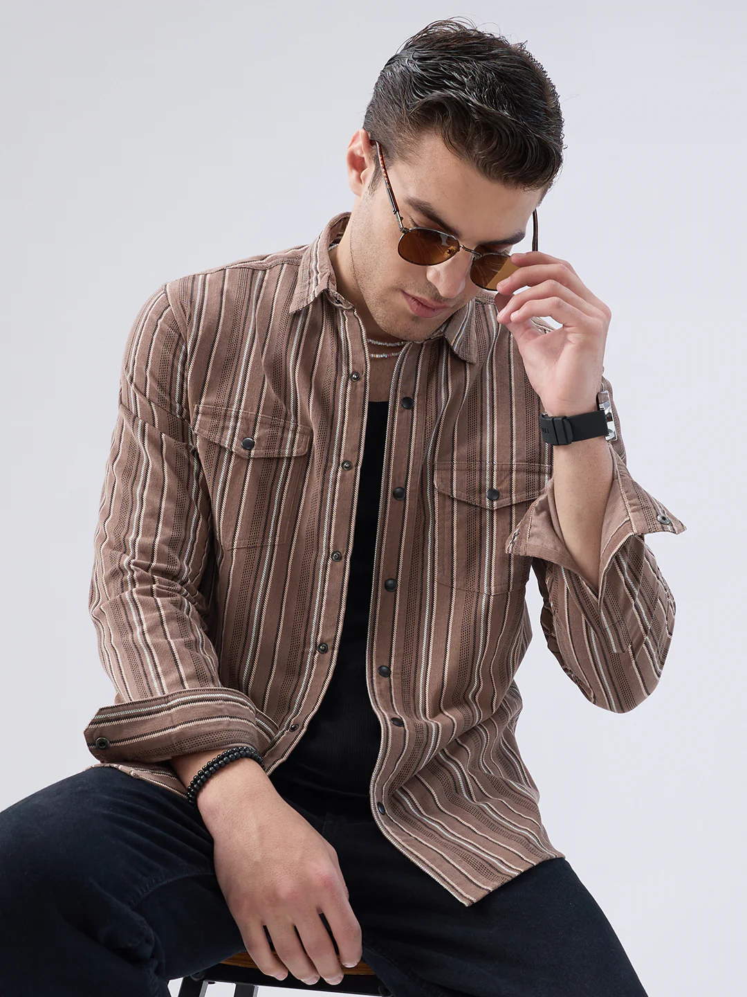 Rustic Bark Brown Multi-Stripe Twin Pocket Corduroy Shirt - Image 4