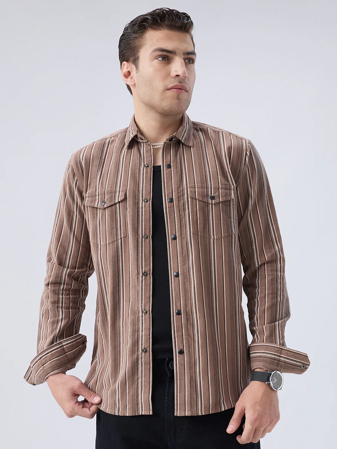 Rustic Bark Brown Multi-Stripe Twin Pocket Corduroy Shirt - Image 5