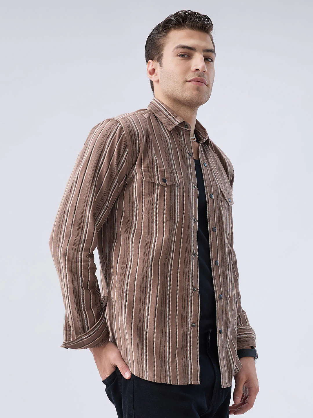 Rustic Bark Brown Multi-Stripe Twin Pocket Corduroy Shirt - Image 6