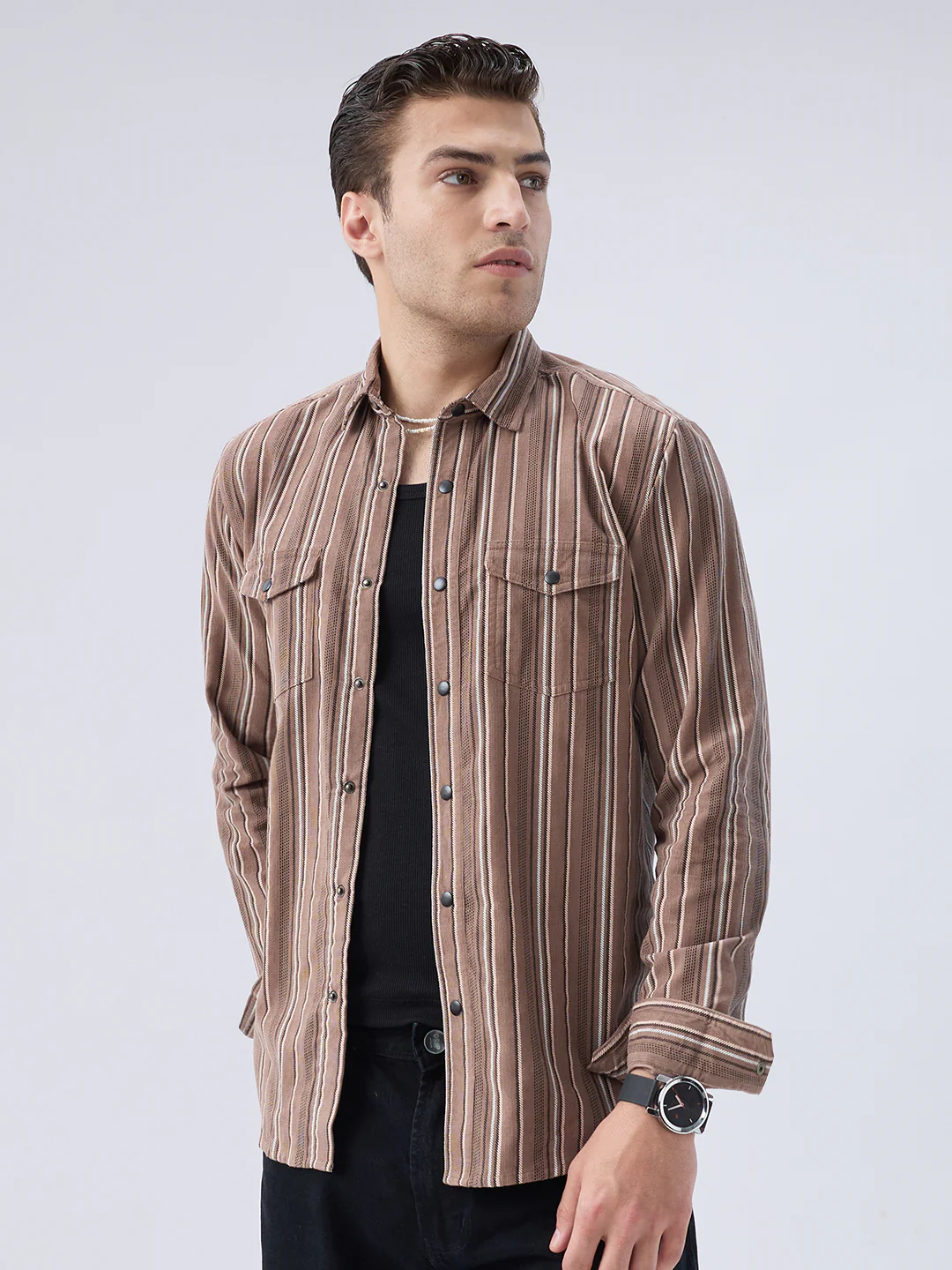 Rustic Bark Brown Multi-Stripe Twin Pocket Corduroy Shirt - Image 7