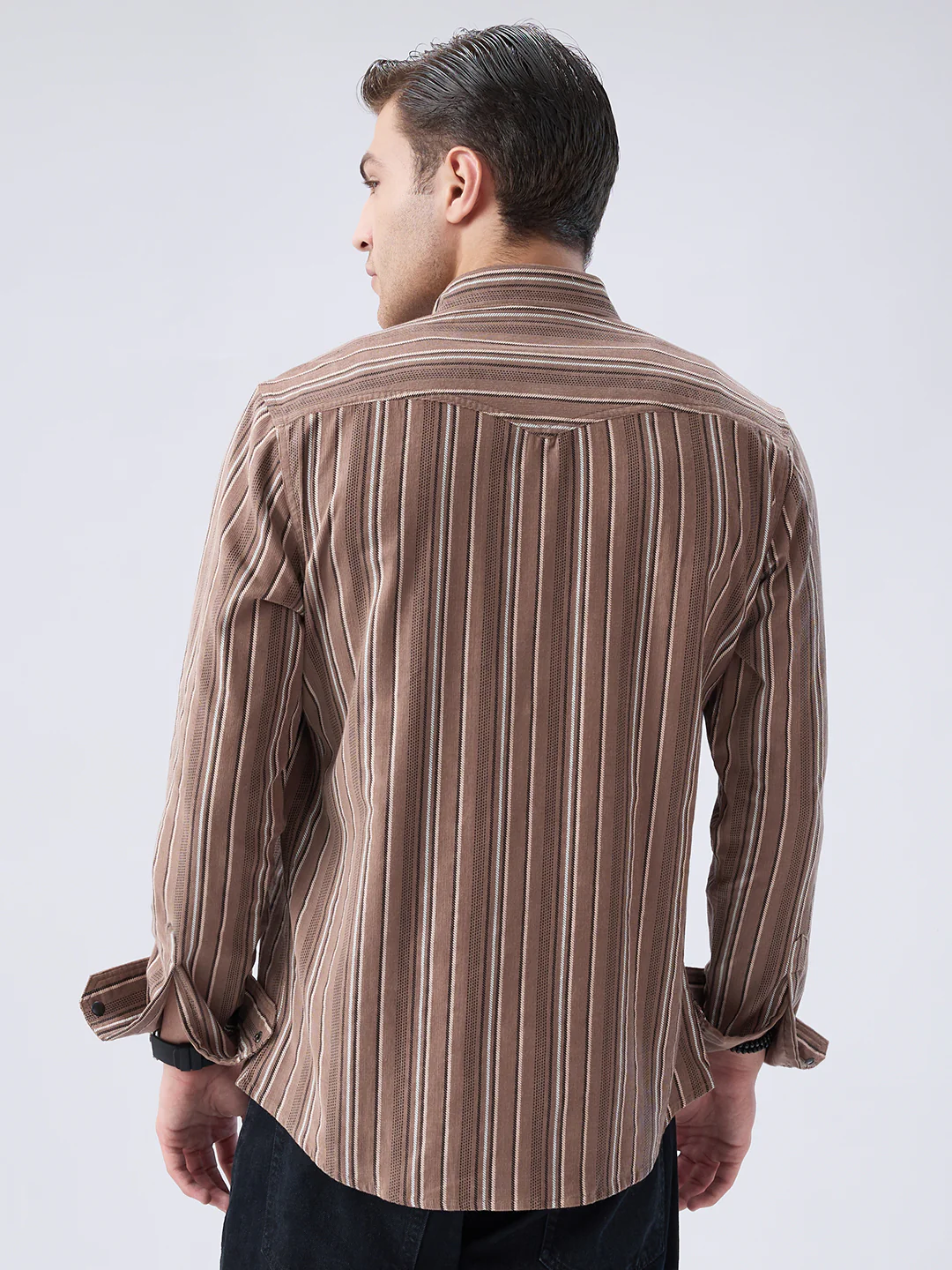 Rustic Bark Brown Multi-Stripe Twin Pocket Corduroy Shirt - Image 8