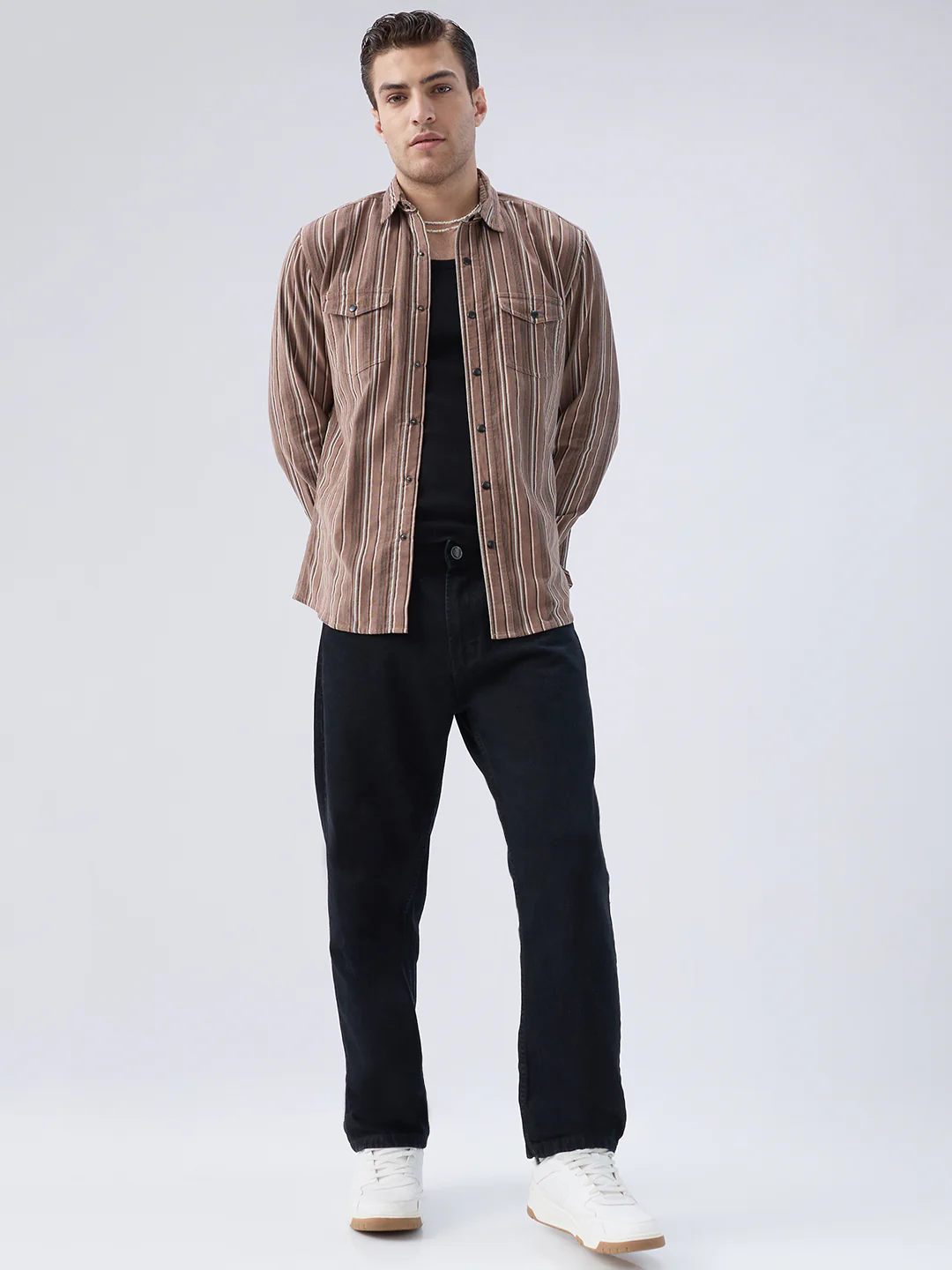 Rustic Bark Brown Multi-Stripe Twin Pocket Corduroy Shirt - Image 9