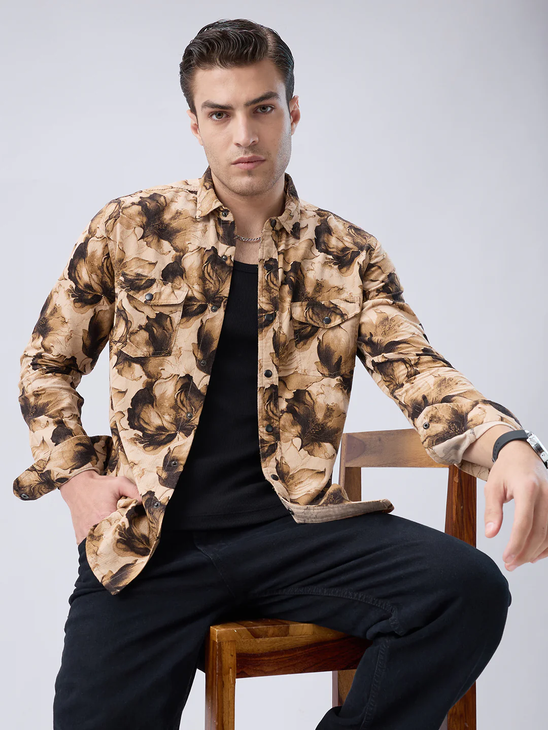 Rustic Beige Botanical Printed Double Pocket Corduroy Shirt