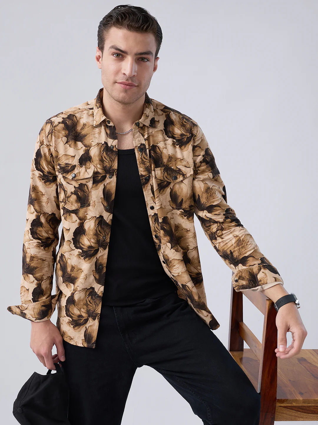 Rustic Beige Botanical Printed Double Pocket Corduroy Shirt - Image 2