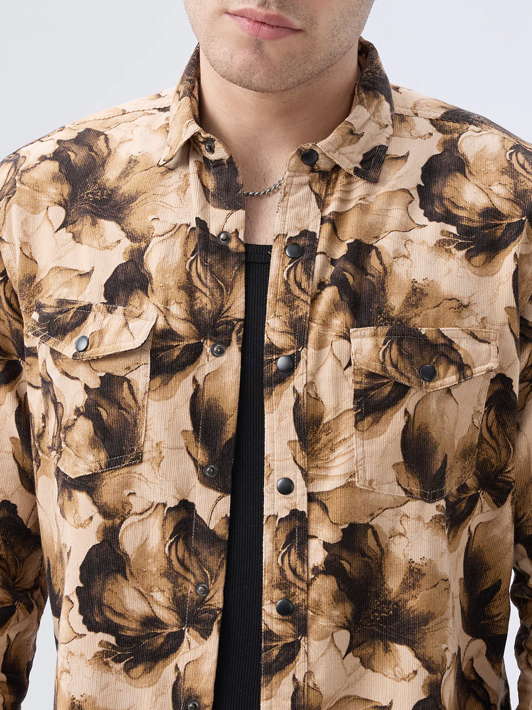 Rustic Beige Botanical Printed Double Pocket Corduroy Shirt - Image 3