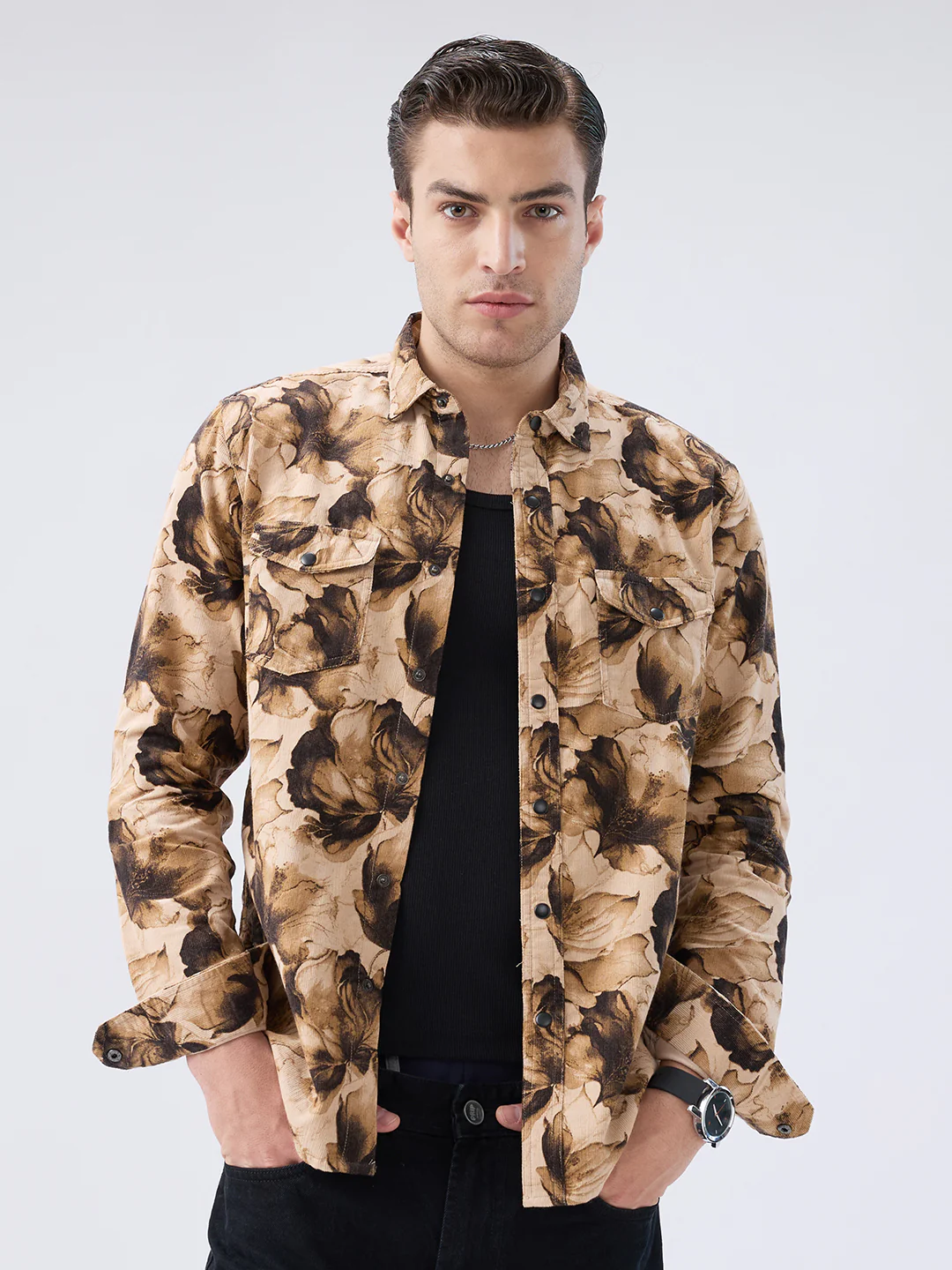 Rustic Beige Botanical Printed Double Pocket Corduroy Shirt - Image 4