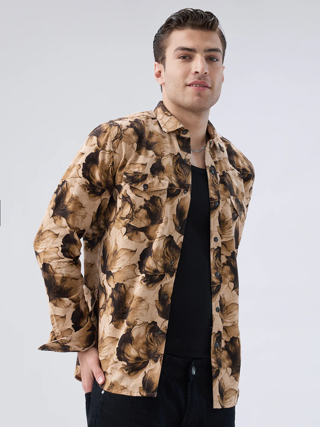 Rustic Beige Botanical Printed Double Pocket Corduroy Shirt - Image 5
