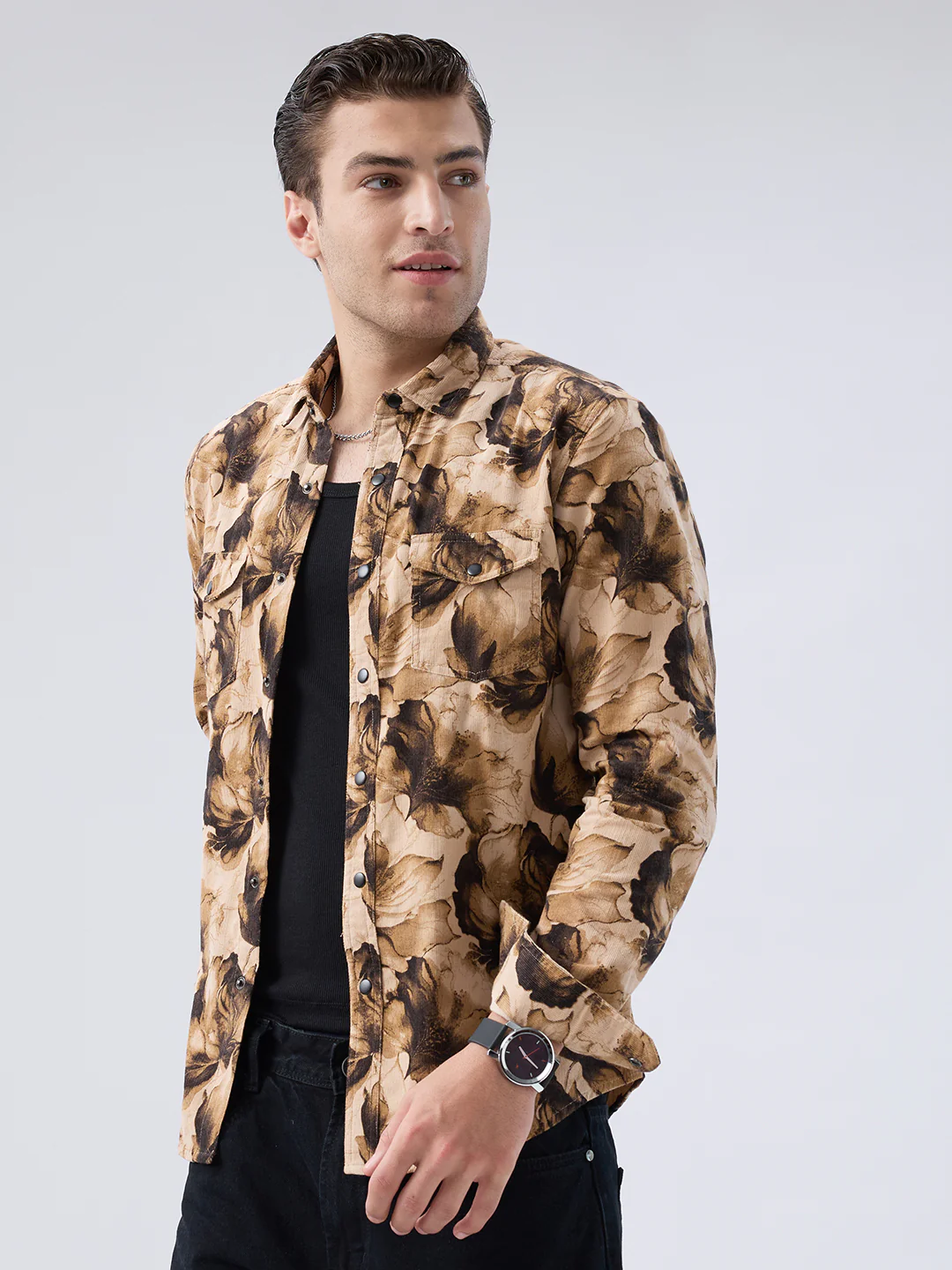 Rustic Beige Botanical Printed Double Pocket Corduroy Shirt - Image 6