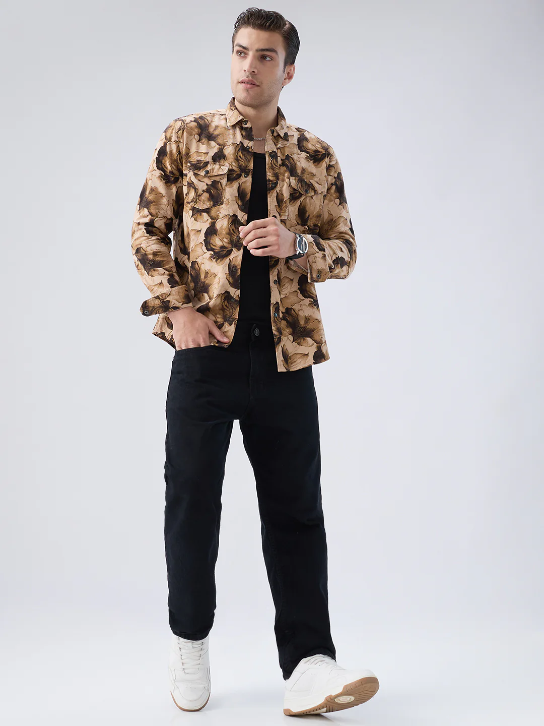 Rustic Beige Botanical Printed Double Pocket Corduroy Shirt - Image 8