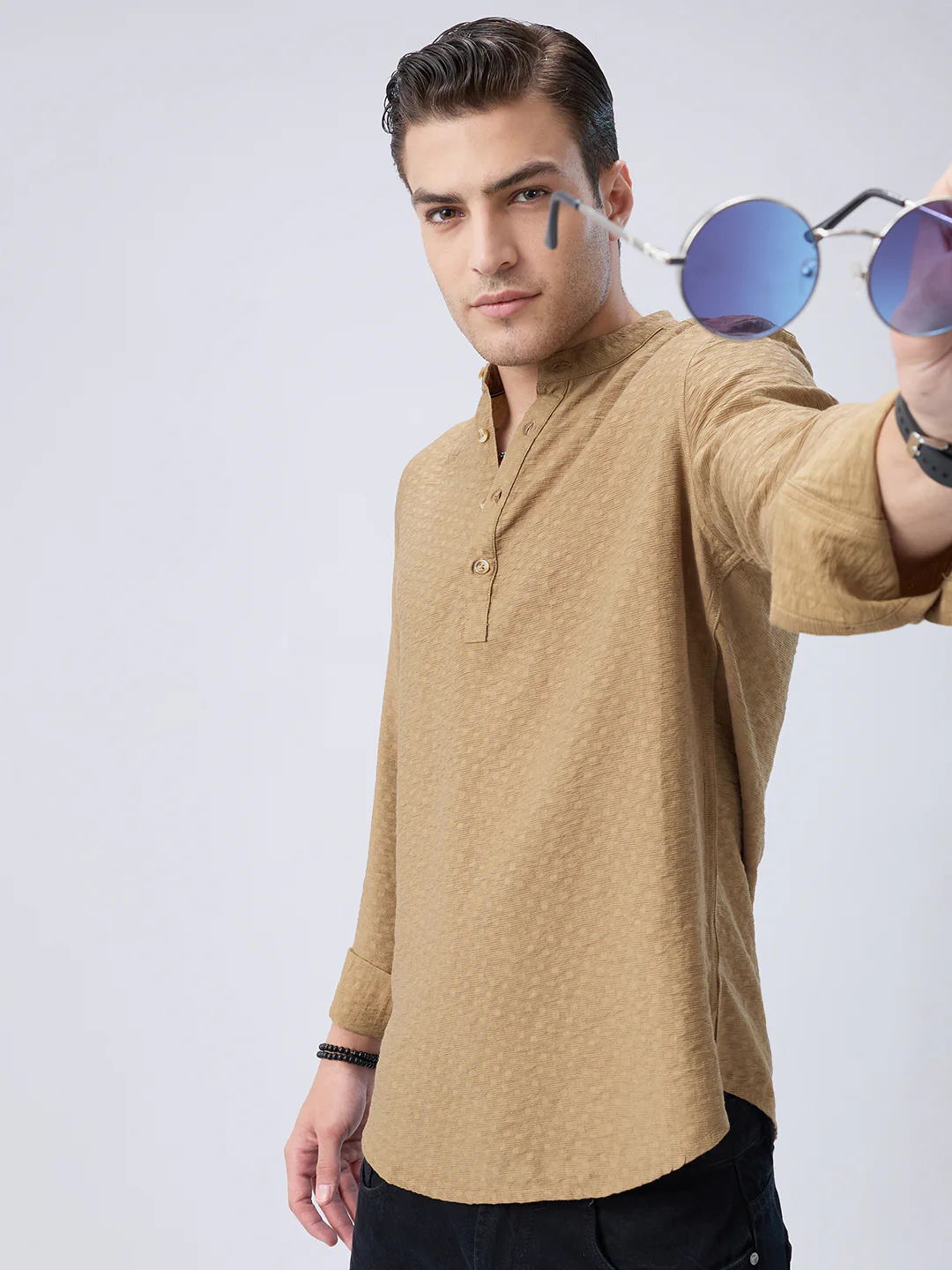 Rustic Brown Block Weave Jacquard Kurta - Image 2