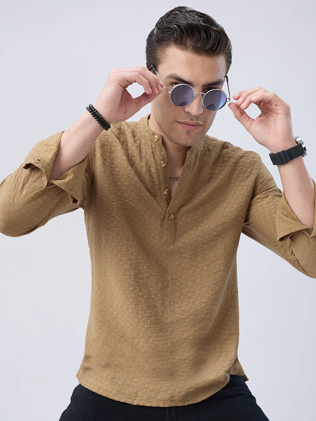 Rustic Brown Block Weave Jacquard Kurta - Image 4
