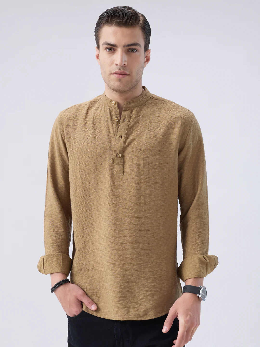 Rustic Brown Block Weave Jacquard Kurta - Image 5