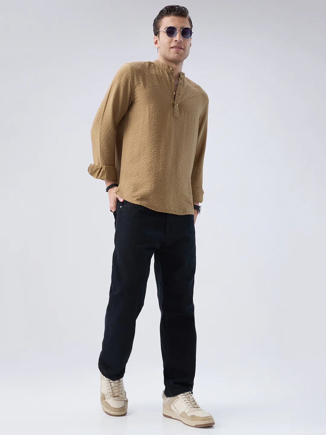 Rustic Brown Block Weave Jacquard Kurta - Image 8