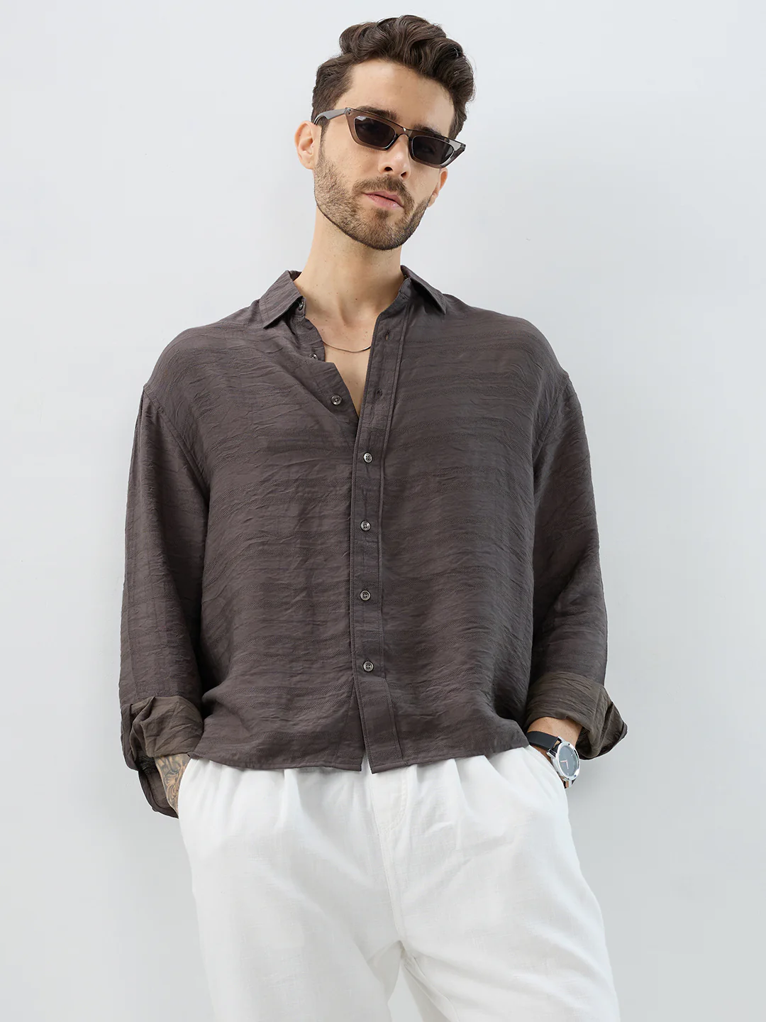 Rustic Brown Horizontal Textured Boxy Fit Crop Shirt - Image 2