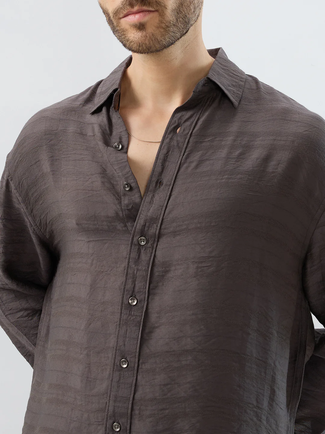 Rustic Brown Horizontal Textured Boxy Fit Crop Shirt - Image 3