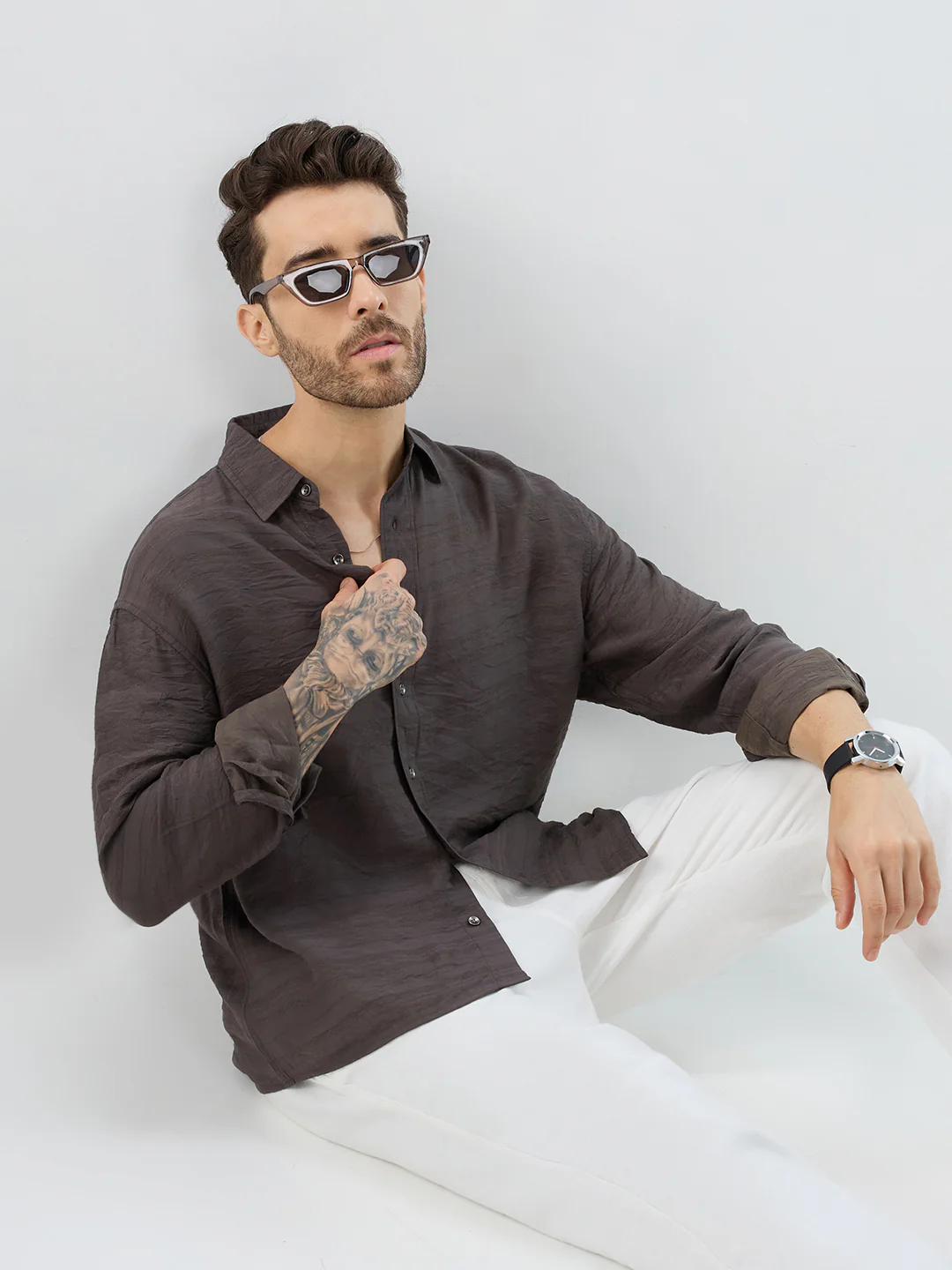 Rustic Brown Horizontal Textured Boxy Fit Crop Shirt - Image 4